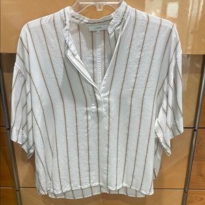 Vince Silk Cream Blouse with Brown Pinstripes and Split V-Neck